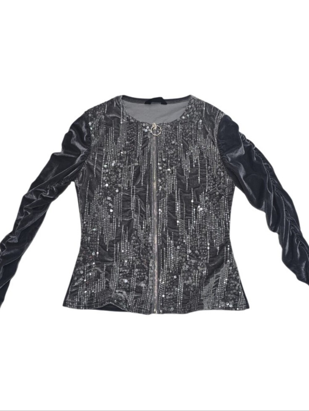 CHICME Gray Velvet Sequin Ruched Zip Up Jacket Y2K Glam S - Picture 2 of 11